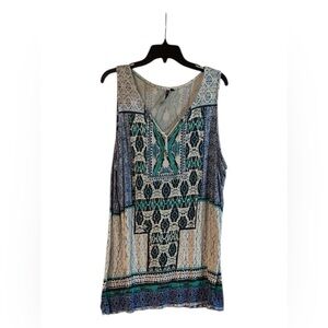 Sleeveless V-Neck Printed Tank Top in Teal and Blue